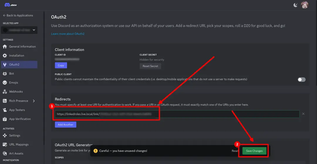 Dieser Screenshot zeigt, wo die kopierte Redirect-URL eingefügt werden soll