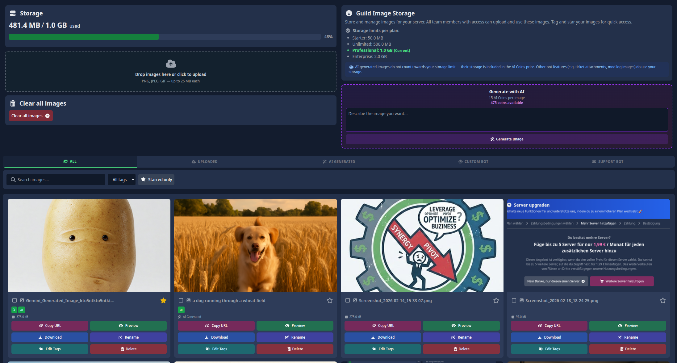 Screenshot der Dateibibliotheks-Galerie mit Dateien und Speicherfortschrittsbalken